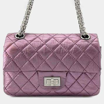 Pre Owned Chanel Pink Mini Reissue 2.55 Quilted Metallic Lambskin Double Flap