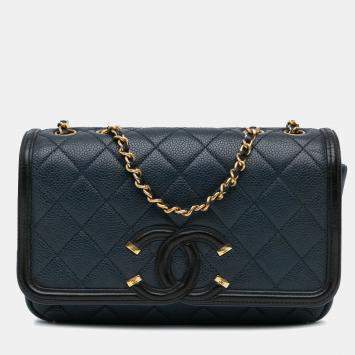 Pre Owned Chanel CC Filigree Flap Small Caviar Leather Shoulder Bag