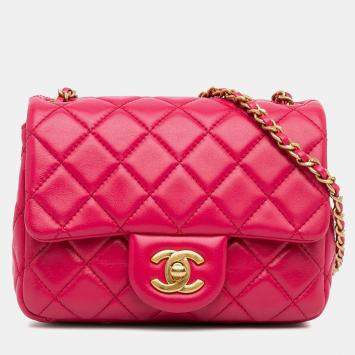 Pre Owned Chanel Classic Pearl Crush Single Flap Mini Square Lambskin Shoulder Bag