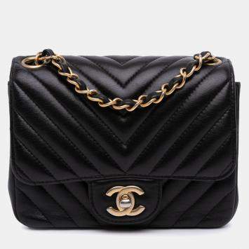 Pre Owned Chanel Black Mini Square Classic Chevron Lambskin Single Flap Bag