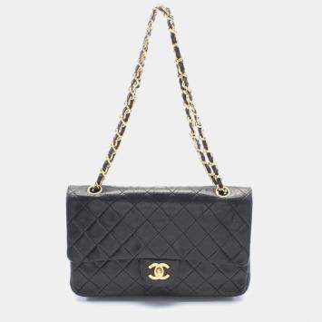 Pre Owned Chanel Double Flap Medium Black Lambskin Shoulder Bag