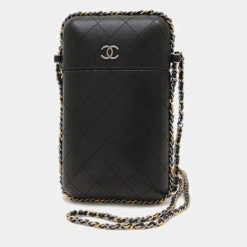Pre Owned Chanel Coco Mark Phone Holder Black Lambskin Shoulder Bag