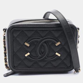 Pre Owned Chanel CC Filigree Mini Vanity Black Leather Shoulder Bag