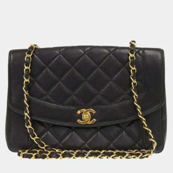 Pre Owned Chanel Diana Black Lambskin Leather Shoulder Bag