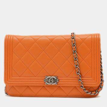 Pre Owned Chanel Boy Orange Lambskin Wallet On Chain
