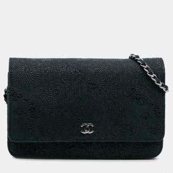 Pre Owned Chanel Blue Lace Overlay Goatskin Wallet On Chain