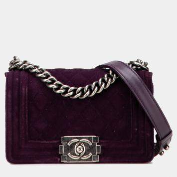 Pre Owned Chanel Purple Small Quilted Velvet Boy Flap