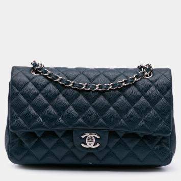 Pre Owned Chanel Blue Medium Classic Caviar Double Flap
