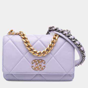 Pre Owned Chanel Purple Quilted Lambskin 19 Wallet on Chain