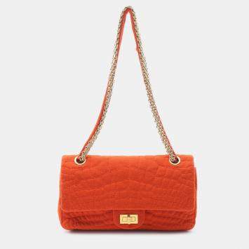 Pre Owned Chanel Orange Reissue 2.55 Quilted Jersey Coco Croc Double Flap 225
