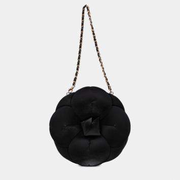 Pre Owned Chanel Black Lambskin and Satin Camellia Flower Evening Bag