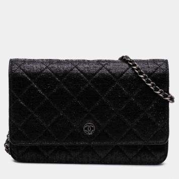 Pre Owned Chanel Black CC Quilted Crinkled Patent Wallet On Chain