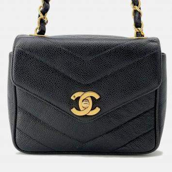 Pre Owned Chanel V Stitch Chain shoulder Bag Black Caviar Leather