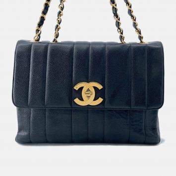 Pre Owned Chanel Mademoiselle Single Flap Chain Shoulder Bag Black Caviar Leather Size 30