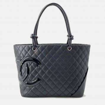 Pre Owned Chanel Cambon Line Tote Bag Black Leather Size Large
