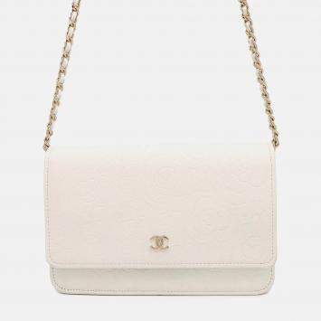 Pre Owned Chanel Camellia Chain Wallet Camellia Parts Chain White Caviar Leather