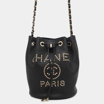 Pre Owned Chanel Deauvilleshoulder Bag Black Calf Leather