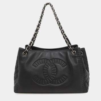 Pre Owned Chanel Cc Logo Matelasse Chain shoulder Tote Bag Black Lambskin
