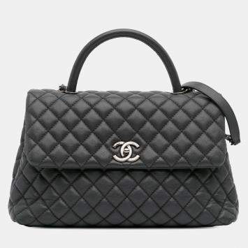 Pre Owned Chanel Grey Large Quilted Caviar Coco Top Handle Bag