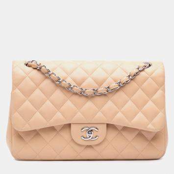 Pre Owned Chanel Beige Jumbo Classic Lambskin Double Flap