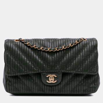 Pre Owned Chanel Black Medium Chevron Calfskin Coco Pleats Double Flap