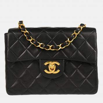 Pre Owned Chanel Mini Classic Square Flap Black Lambskin Shoulder Bag