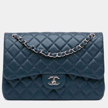 Pre Owned Chanel Blue Jumbo Classic Iridescent Caviar Double Flap
