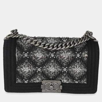 Pre Owned Chanel Black Jersey Strass Old Medium Boy Bag