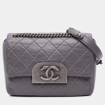 Pre Owned Chanel Square Flap Purple Quilted Aged Calfskin Leather Shoulder Bag