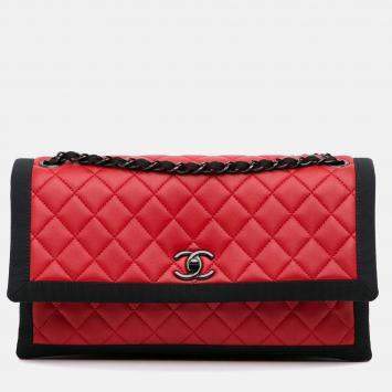 Pre Owned Chanel Quilted Two Tone Flap Red Lambskin and Grosgrain Leather Shoulder Bag