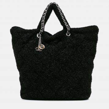 Pre Owned Chanel Pluto Glitter Large Black Quilted Knit Satchel Bag