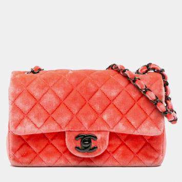 Pre Owned Chanel Orange Mini Rectangular Classic Velvet Single Flap