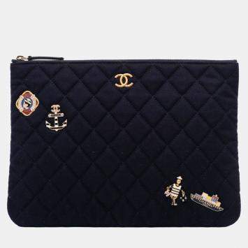 Pre Owned Chanel Navy Blue Paris Hamburg Medium Quilted Wool Coco Sailor Charms O Case Clutch