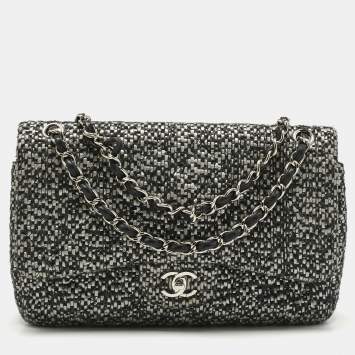 Pre Owned Chanel Black/Grey Quilted Tweed Jumbo Classic Double Flap Bag