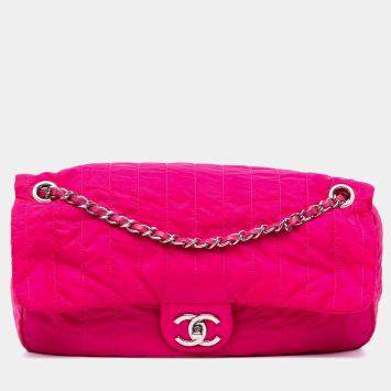 Pre Owned Chanel Pink Jumbo Quilted Nylon Soft Shell Flap
