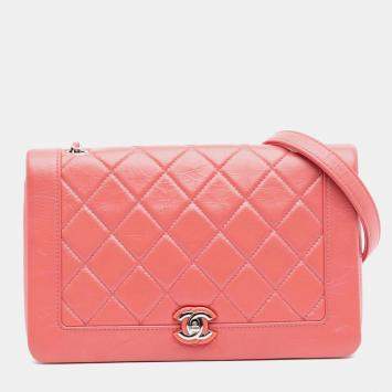 Pre Owned Chanel Pink Crumpled Calfskin Bi Quilted Vintage Full Flap