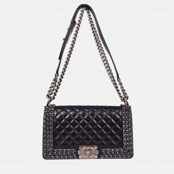 Pre Owned Boy Chanel Dark Navy Calfskin Medium Shoulder Bag