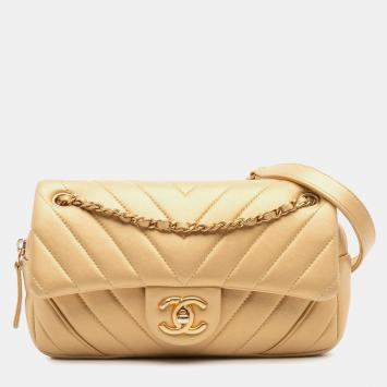 Pre Owned Chanel Gold Mini Quilted Chevron Lambskin Camera Case Flap Bag