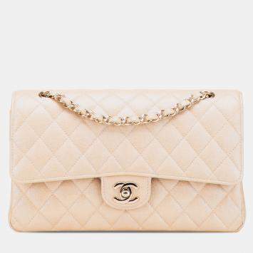 Pre Owned Chanel Beige Medium Classic Iridescent Caviar Double Flap Bag
