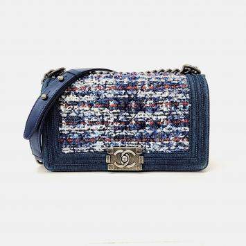 Pre Owned Chanel Multicolor Tweed Denim New Medium Boy Bag
