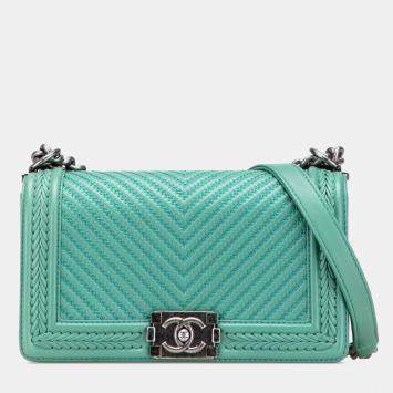 Chanel Green New Medium Braided Chevron Lambskin Boy Flap