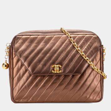 Chanel Brown CC Diagonal Quilted Metallic Lambskin Camera Bag