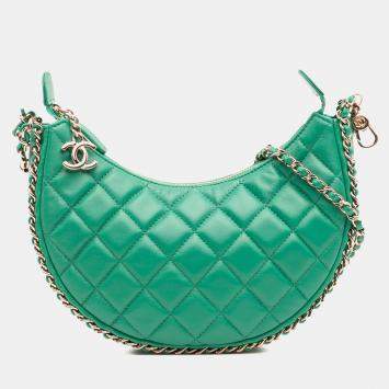 Chanel Green Small Quilted Lambskin Chain Around Hook Hobo Bag