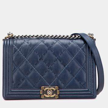 Chanel Navy Blue Medium Stitched Calfskin Boy Flap