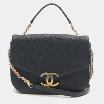 Pre Owned Chanel Black Medium Caviar Paris Cuba Thread Around Flap