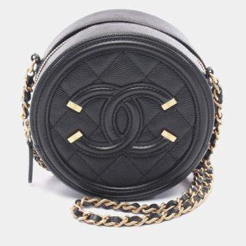 Pre Owned Chanel CC Filigree Small Black Calfskin Round Shoulder Bag