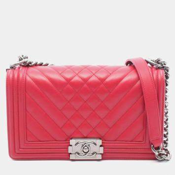 Pre Owned Chanel Boy Lambskin Leather Shoulder Bag