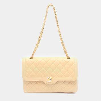 Pre Owned Chanel Double Flap Beige Lambskin Shoulder Bag