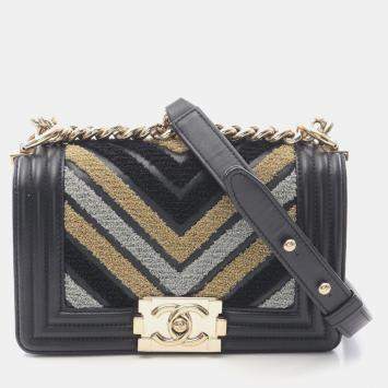 Pre Owned Chanel Boy Small Black Leather Fabric Shoulder Bag