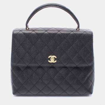 Pre Owned Chanel Kelly Logo Black Calfskin Leather Handbag